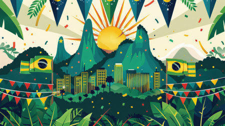 Whimsical illustration of Brazilian landmarks adorned with flags for Independence Dayの素材