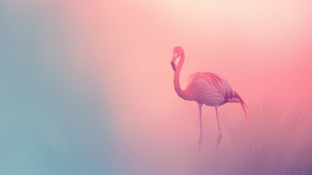 A flamingo's silhouette against a pastel gradient background, transitioning from light blue to soft pink.の素材