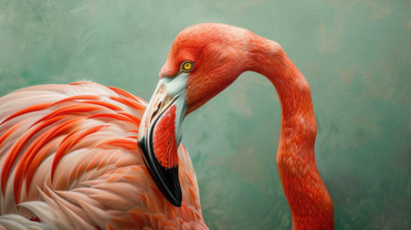 Close-up of a flamingo's head and neck, showcasing its delicate features, with a pastel green backgroundの素材