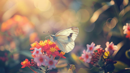 A delicate butterfly perched on a vibrant flower in a lush garden, basking in the sunlightの素材