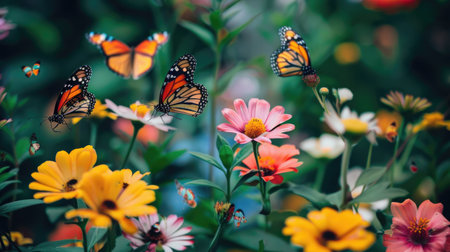 Butterflies fluttering among vibrant flowers in a garden, representing rebirth and the positive journey of mental health.の素材