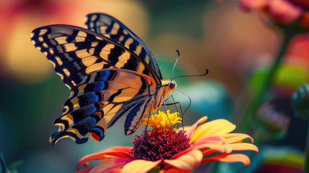 A butterfly spreading its wings on a bright flower, capturing the essence of nature's beauty.の素材