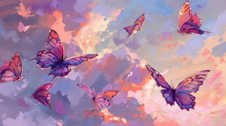 A whimsical painting of pink and purple butterflies fluttering against a peaceful sky backdropの素材