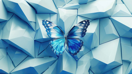 3D butterfly in shades of blue and white, perched on a contemporary poster background with geometric elements.の素材