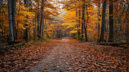 Peaceful forest landscape blanketed by the fiery colors of autumn leavesの素材