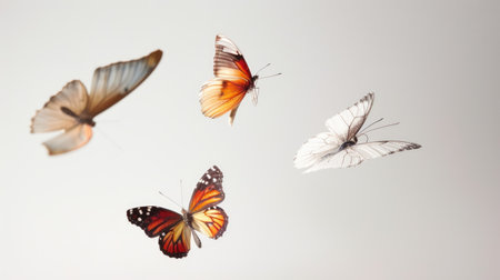 Butterflies in motion, mid-flight and mid-landing, set against a plain white background, emphasizing their eleganceの素材