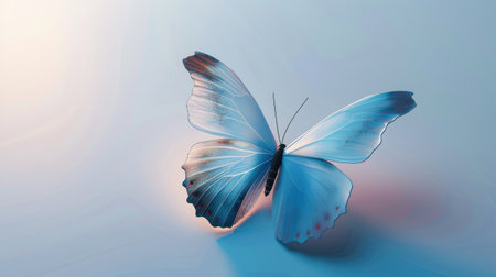 A 3D butterfly with blue and white wings gracefully positioned on a sleek poster background, with a soft gradient and shadow effectsの素材