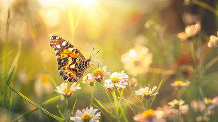 A butterfly on a flower in a sunlit meadow, showcasing the harmony between flora and fauna.の素材