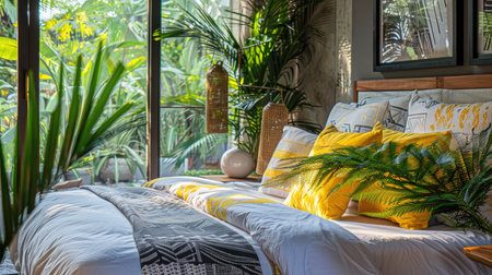 Inviting bedroom decor with yellow and grey pillows, lush green plant, and comfortable furniture, perfect for unwinding.の素材