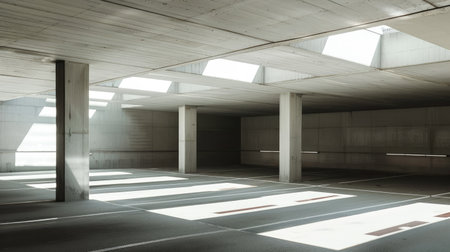 A tranquil underground parking area with sunlight filtering through skylight portals, illuminating concrete white walls in a modern building.の素材