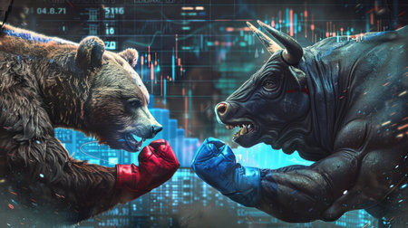 A bear with red gloves battling a bull with blue gloves, a business stock graph displayed in the background.の素材