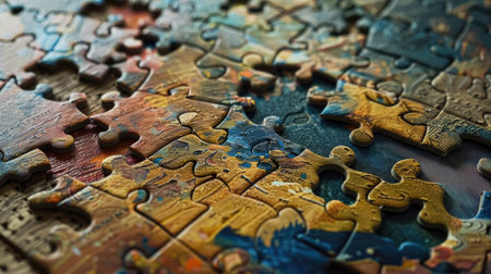 Detailed close-up of puzzle pieces, showcasing the anticipation of solving the final mysteryの素材