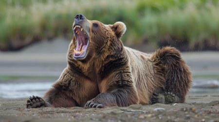 A bear stretching and yawning, showing its teeth and massive paws in a candid moment.の素材