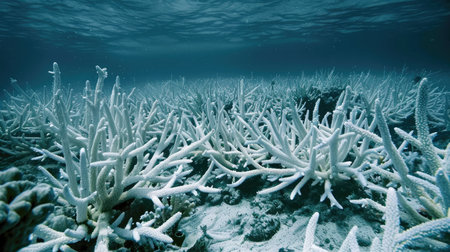 Coral reefs bleached and dying due to warming oceans, a poignant symbol of the ecological toll of global warming.の素材