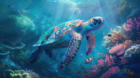 A beautiful sea turtle explores a vibrant underwater world, surrounded by coral and marine lifeの素材