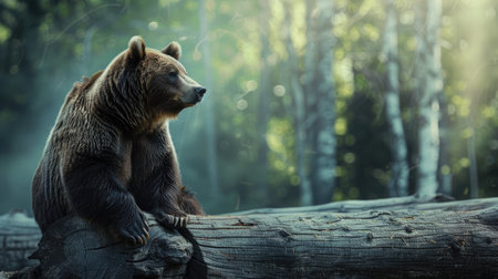A bear sitting on a large log, seemingly lost in thought as it gazes into the distanceの素材