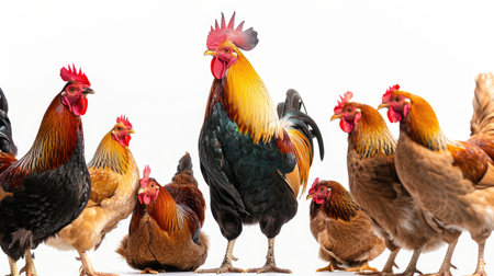 A rooster crowing while hens peck around, all on a stark white background, emphasizing their vibrant details.の素材