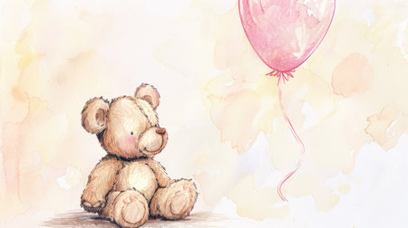 Adorable watercolor teddy bear cuddles a balloon in a charming illustration set, perfect for your whimsical designs.の素材