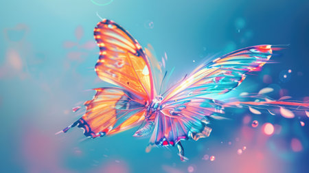 A serene digital artwork of a butterfly, with vibrant colors and delicate features, against a soft blue backdrop.の素材