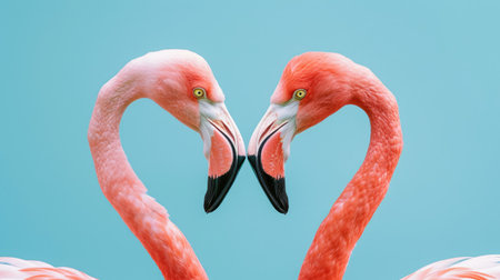 A pair of flamingos facing each other, forming a heart shape with their necks, set against a pastel blue background.の素材