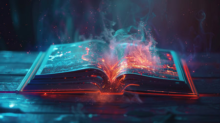 Glowing digital book with animated pages on a futuristic device, showcasing innovative learning methods.の素材