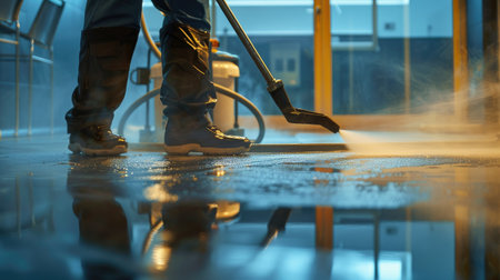 Dynamic shot of man cleaning floors with high-pressure water sprayer, exemplifying effective maintenance practicesの素材