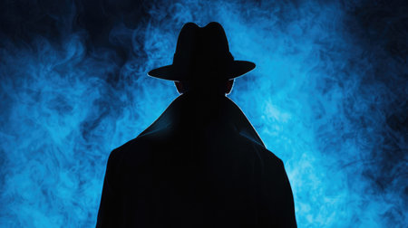 Suspenseful silhouette of a detective's shadow against a backdrop of mysteryの素材