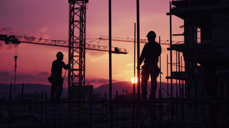 Construction site silhouette at sunset: Workers and engineers labor against the twilight, showcasing dedication to building the futureの素材