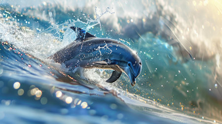Playful dolphin leaping out of the ocean waves, sparkling water droplets all around.の素材