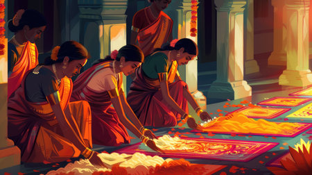 Detailed illustration of women in Kerala sarees creating intricate pookalams for Onamの素材