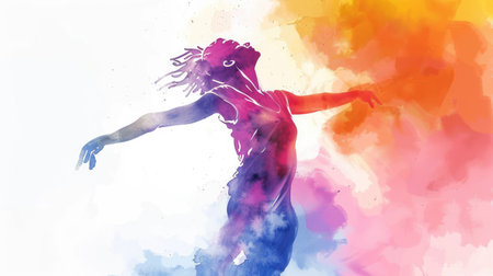 A colorful watercolor illustration depicting a dancer lost in the music, celebrating movement and joy.の素材