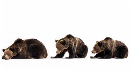 Bears lounging, stretching, and foraging, set against a crisp white background, highlighting their natural behaviorsの素材