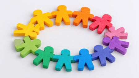 A vibrant circular arrangement of colorful figures symbolizes unity and diversity in a playful manner, making it ideal for creative projects and educational themes.の素材