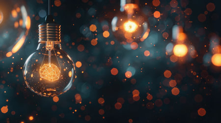 Illuminated light bulbs interconnected against a dark background, representing the fusion of creative ideas driving business innovationの素材