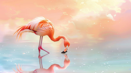 A flamingo preening its feathers, standing in shallow water, with a pastel-colored sky reflected in the water.の素材
