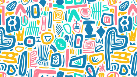 Seamless doodle pattern with colorful lines and basic shapes, perfect for a lighthearted, minimalist artistic backdrop for kids.の素材