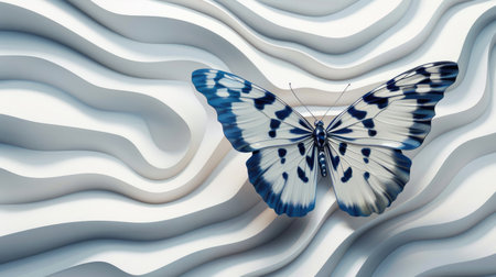 Blue and white 3D butterfly against a poster background with abstract, wavy patterns, creating a dynamic visual effect.の素材