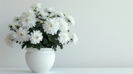White flowers elegantly arranged in a white pot, creating a minimalist and serene aesthetic.の素材