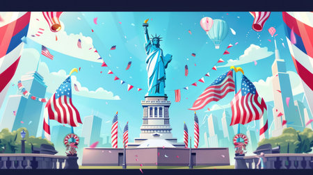 Artistic illustration of the Statue of Liberty surrounded by patriotic decorations for USA Patriotic Dayの素材