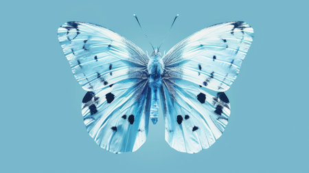 An exquisite butterfly illustration, digitally rendered with precision, set against a calming blue background.の素材