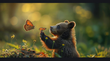 A bear cub playing with a butterfly, capturing the innocence and playfulness of young wildlife.の素材