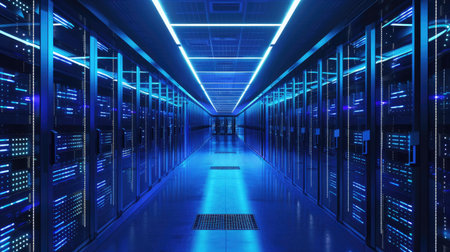 Digital infrastructure: Long hallway in a data center features rows of servers, accentuated by the cool blue glow of overhead lightsの素材