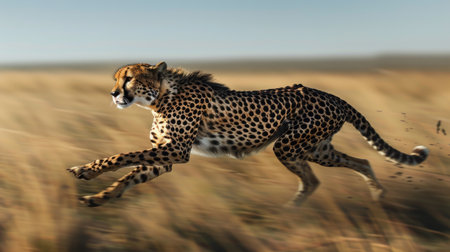 Swift cheetah running at full speed across the open savannah, muscles rippling.の素材