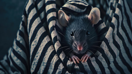 Suspenseful image featuring a secretive black mouse wearing a striped shirt, its face veiled by cloth, portraying the enigmatic persona of a covert thiefの素材