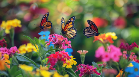 Butterflies in a colorful garden, symbolizing the journey of mental health from struggle to freedom and positivity.の素材