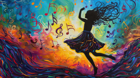 Capture the essence of a music festival with a vibrant painting of a girl dancing amidst swirling musical notesの素材