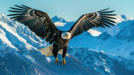 Powerful eagle soaring high above the mountains, wings spread wide against the clear blue skyの素材