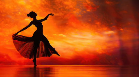 Silhouetted dancer gracefully moves against a vibrant backdrop, adding elegance to your project.の素材