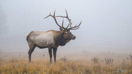 Majestic elk standing tall in a foggy meadow, antlers prominent against the mist.の素材