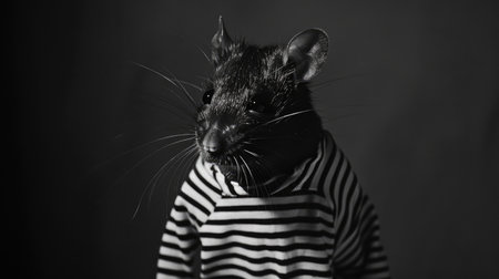 Dramatic portrayal of a black mouse dressed in a striped shirt, its face hidden by cloth, embodying the persona of a mysterious thiefの素材